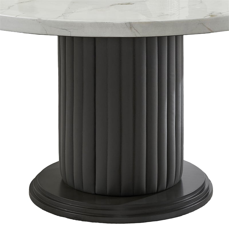 Beny 5pc Dining Set with Round Faux Marble Top- Gray Fabric Barrel Chairs