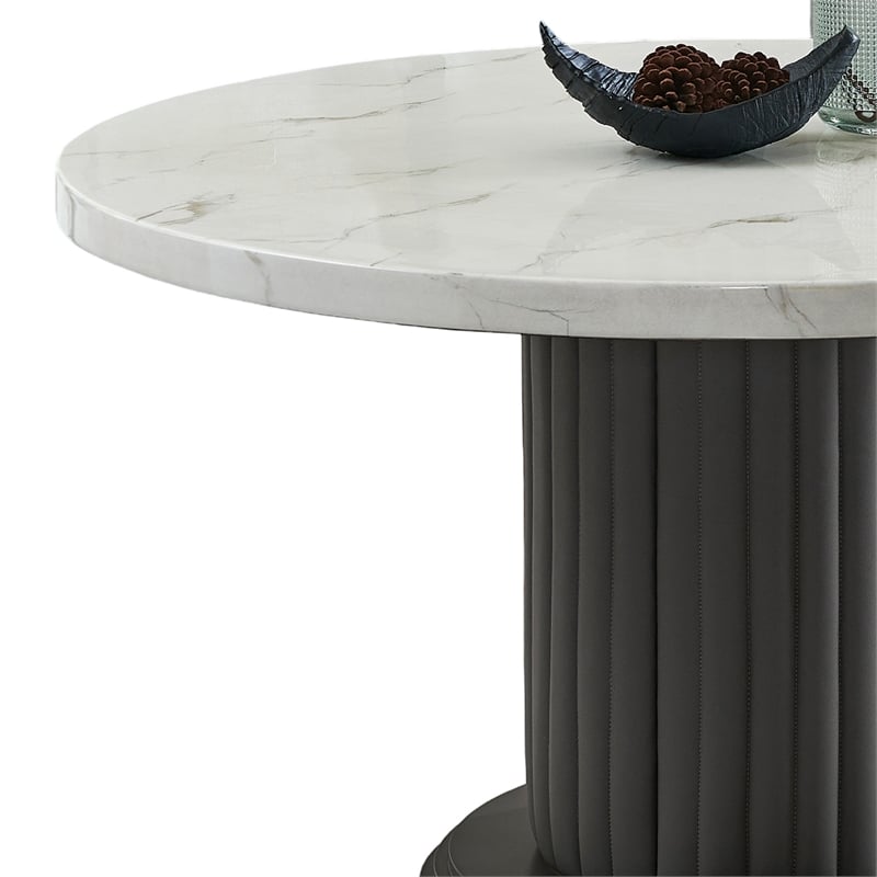 Beny 5pc Dining Set with Round Faux Marble Top- Gray Fabric Barrel Chairs