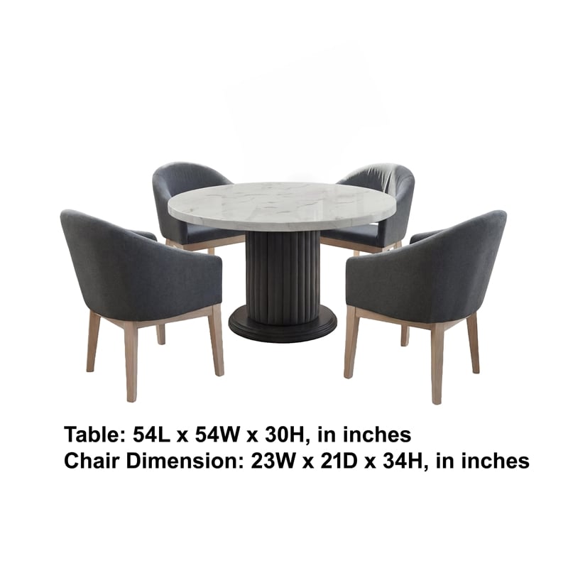 Beny 5pc Dining Set with Round Faux Marble Top- Gray Fabric Barrel Chairs