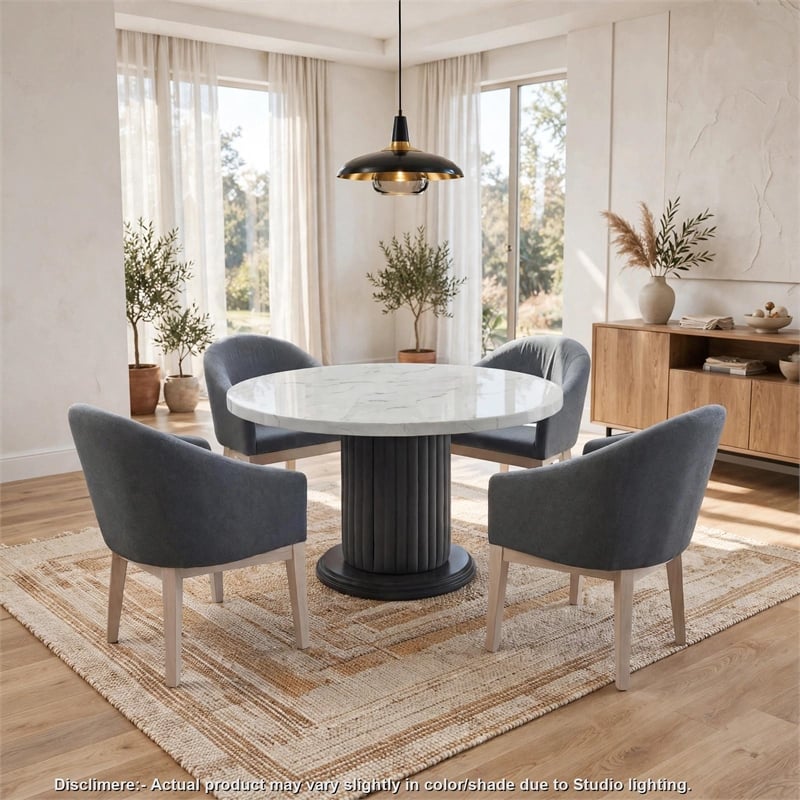 Beny 5pc Dining Set with Round Faux Marble Top- Gray Fabric Barrel Chairs