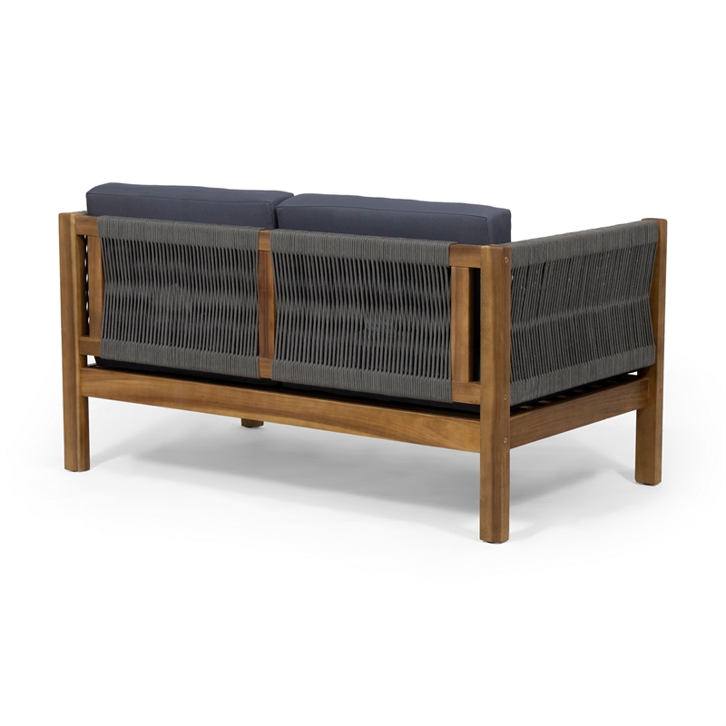 Nisha 4pc Outdoor Chat Set- Rattan Rope Seat- Gray Cushions- Teak Brown
