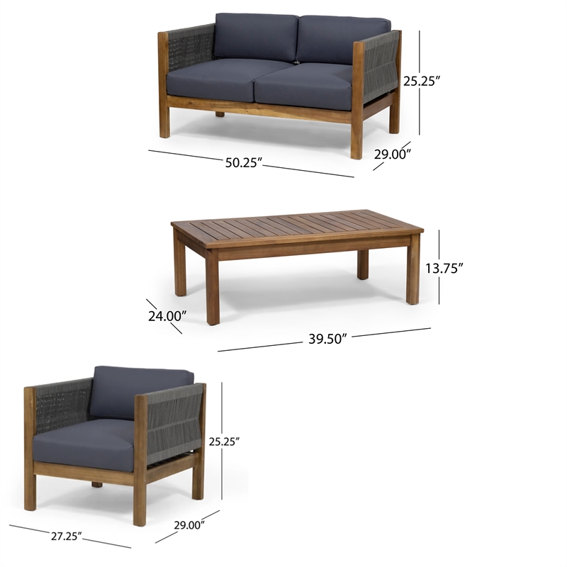 Nisha 4pc Outdoor Chat Set- Rattan Rope Seat- Gray Cushions- Teak Brown