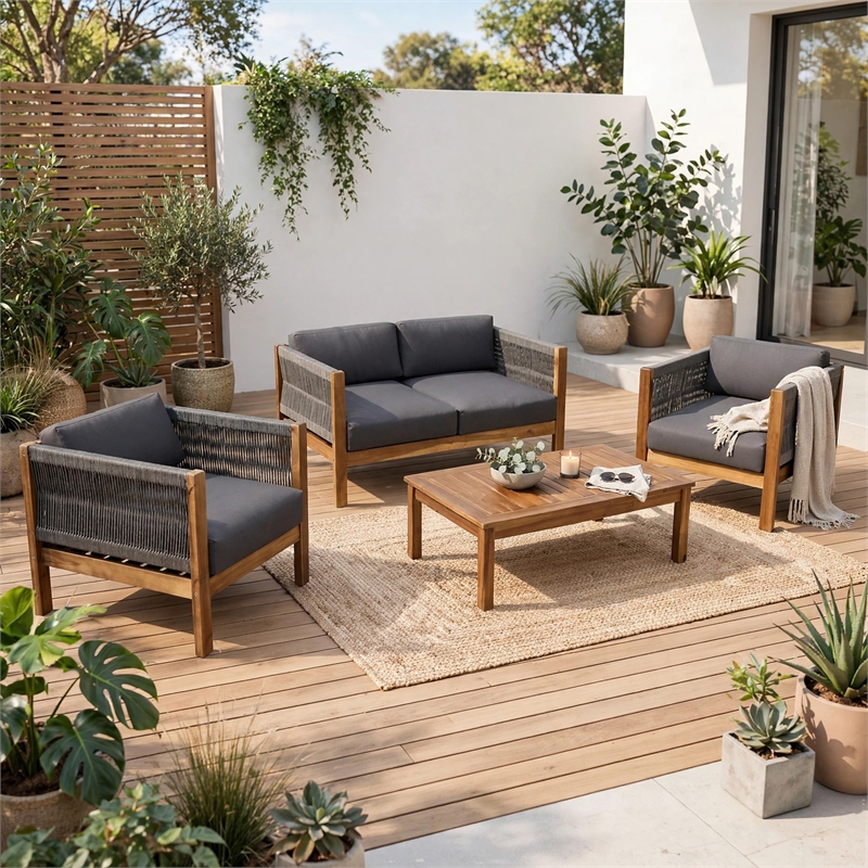 Nisha 4pc Outdoor Chat Set- Rattan Rope Seat- Gray Cushions- Teak Brown