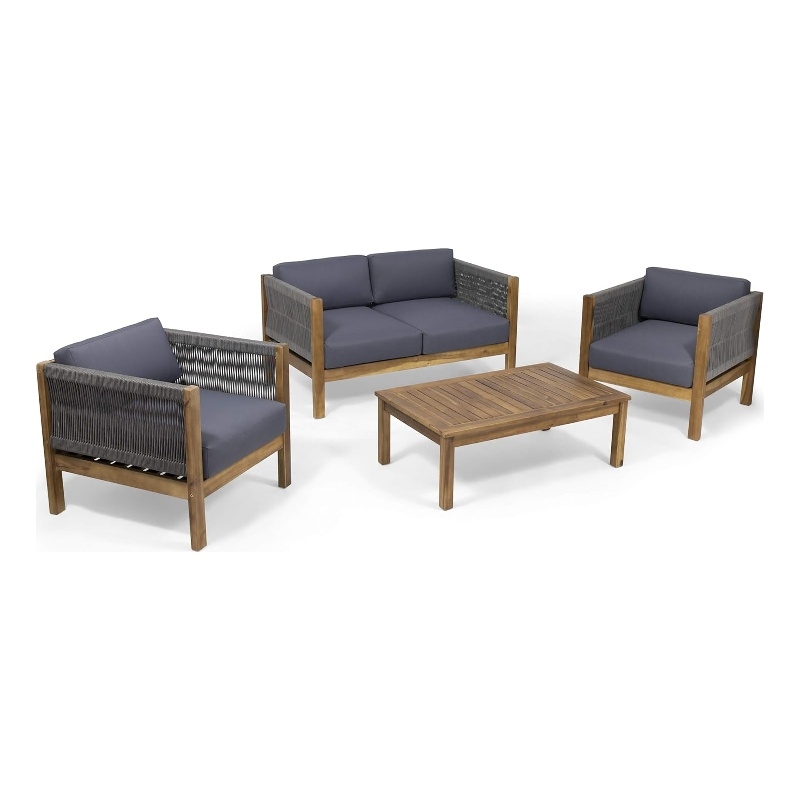 Nisha 4pc Outdoor Chat Set- Rattan Rope Seat- Gray Cushions- Teak Brown