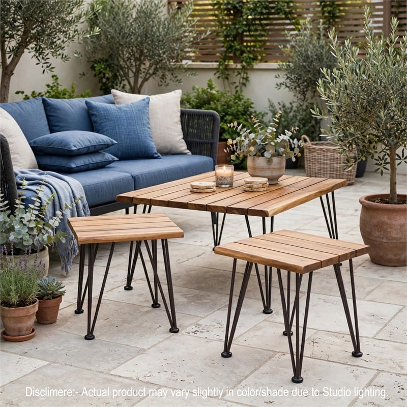 Zoe 3pc Outdoor Table Set- Slatted Top- Teak Brown- Black Hairpin Legs