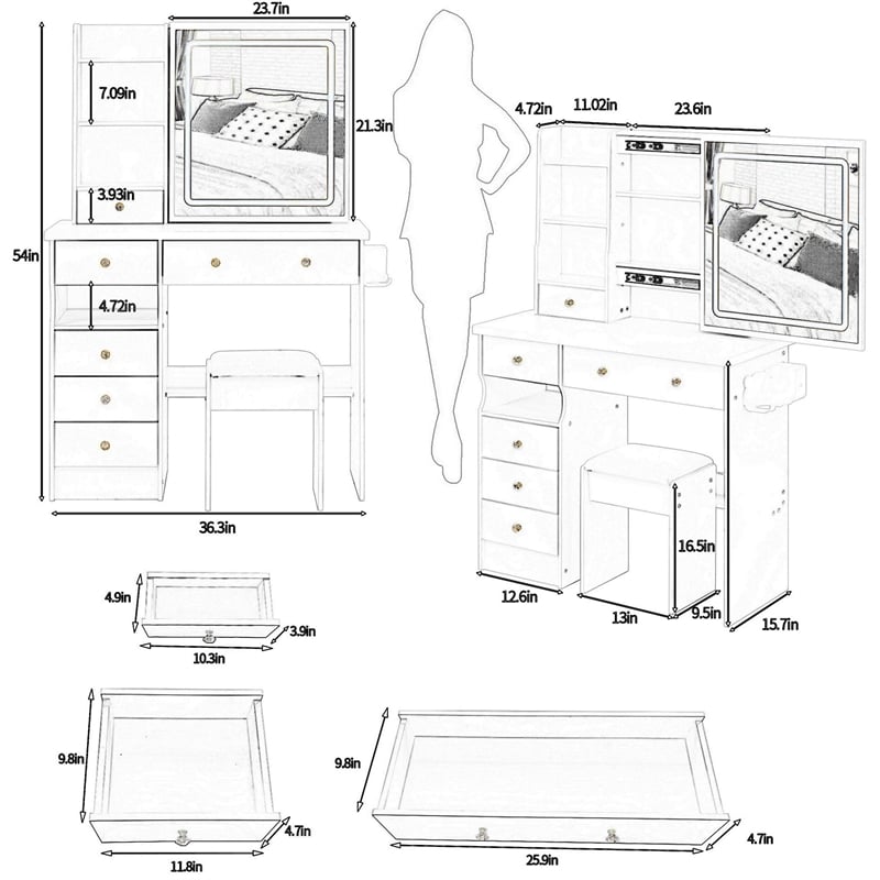 Rocky 2pc LED Vanity Desk Set w Stool- USB Charging- Sliding Mirror- White