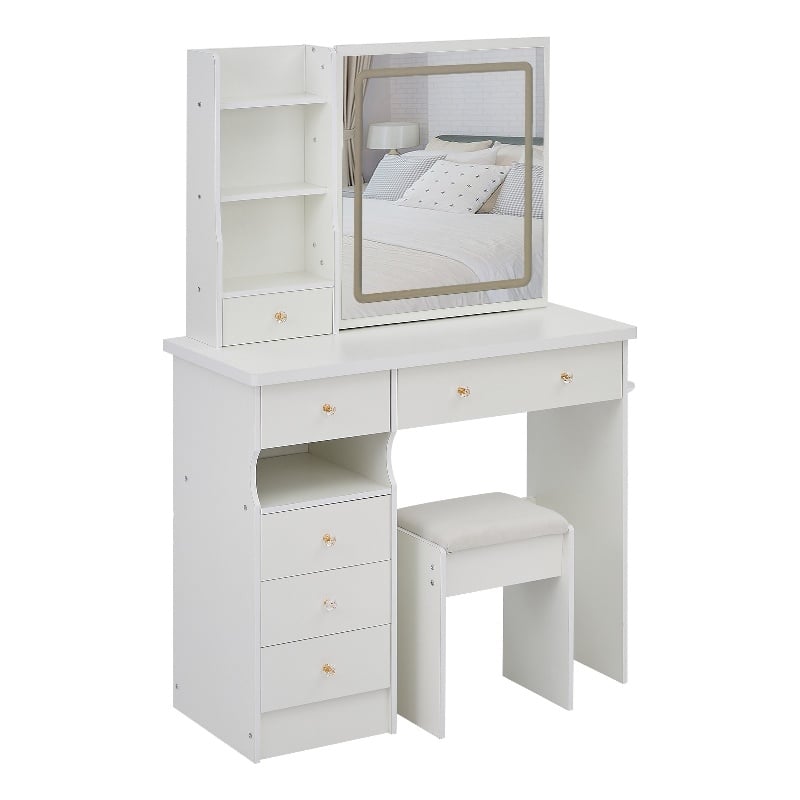 Rocky 2pc LED Vanity Desk Set w Stool- USB Charging- Sliding Mirror- White
