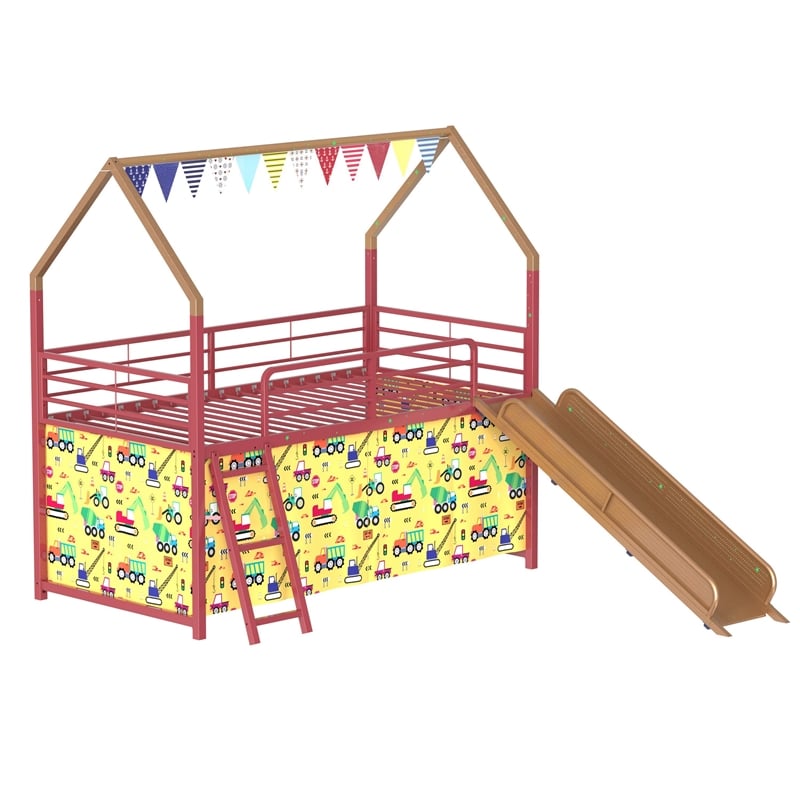Zeso Kids Twin Loft Bed- House Design- Slide and Curtain- Gold and Red