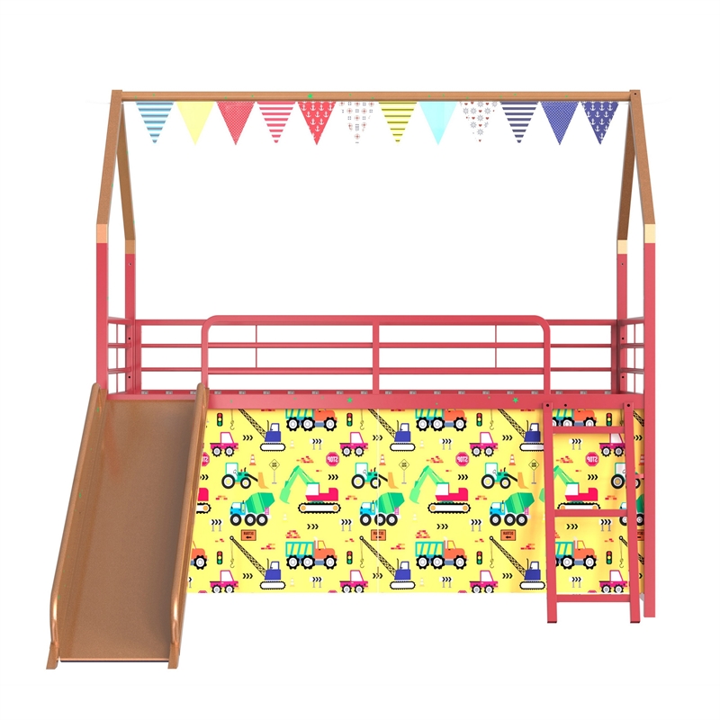 Zeso Kids Twin Loft Bed- House Design- Slide and Curtain- Gold and Red