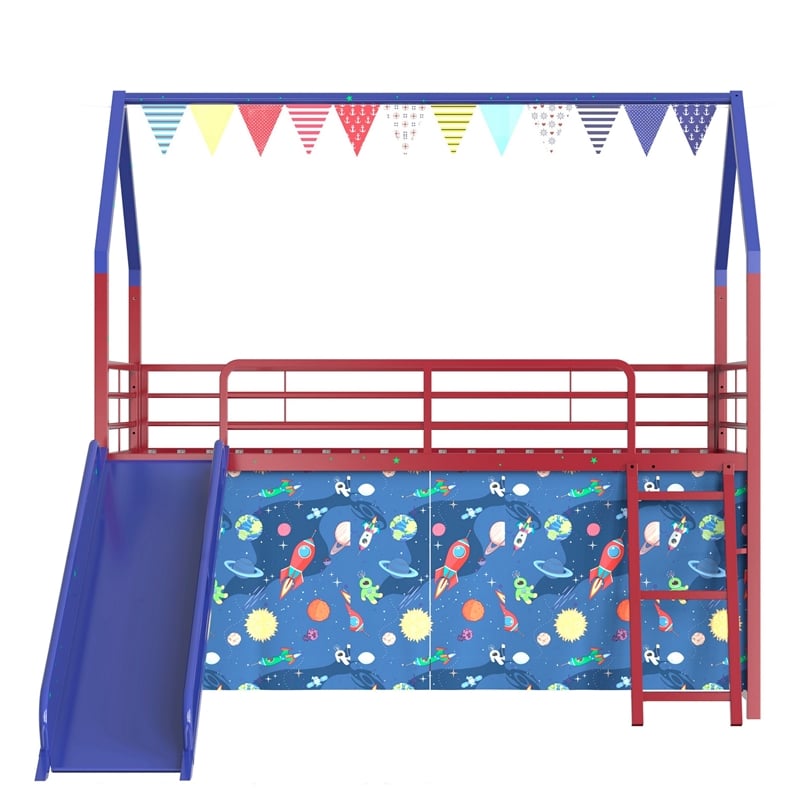 Zeso Kids Twin Loft Bed- House Design- Navy Blue and Red- Slide and Curtain