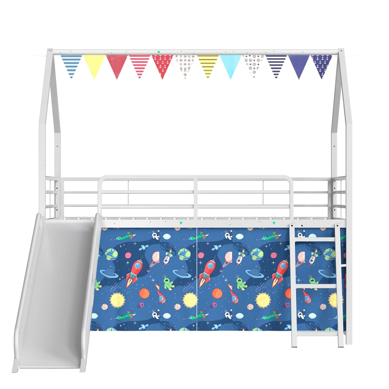 Zeso Kids Twin Loft Bed- House Design- Blue and White- Slide and Curtain