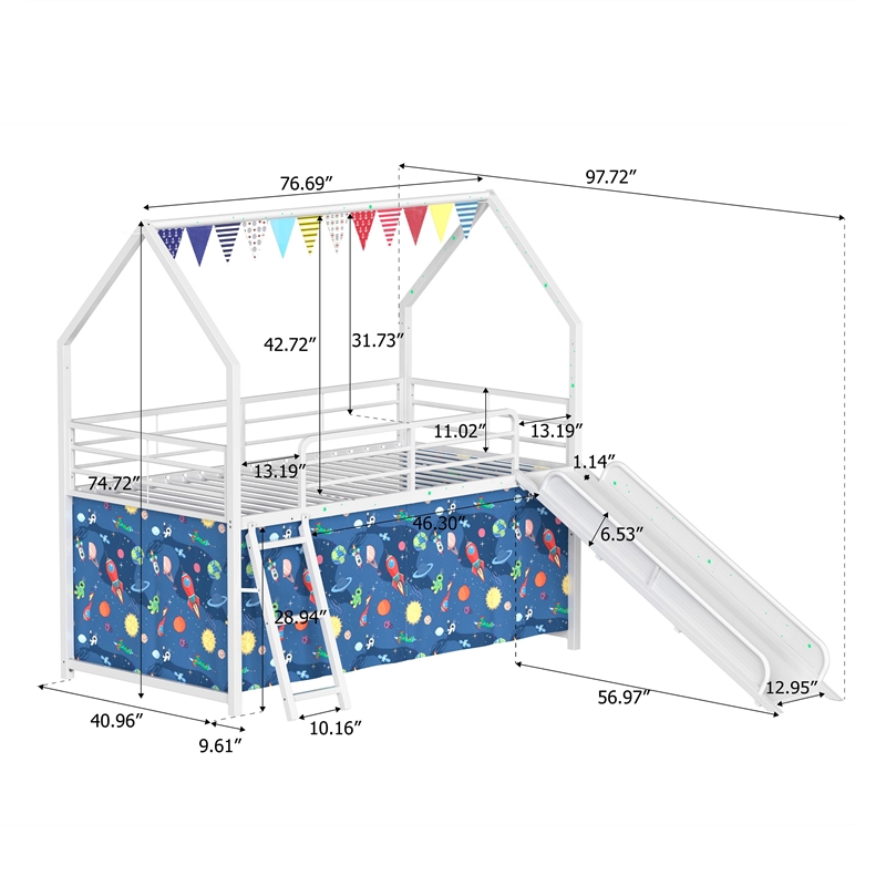 Zeso Kids Twin Loft Bed- House Design- Blue and White- Slide and Curtain