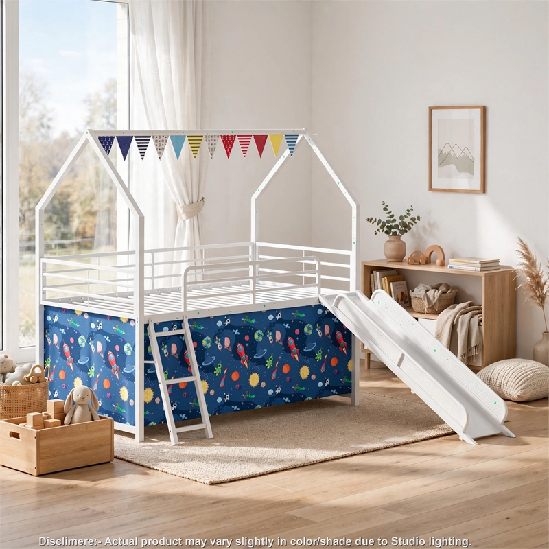 Zeso Kids Twin Loft Bed- House Design- Blue and White- Slide and Curtain