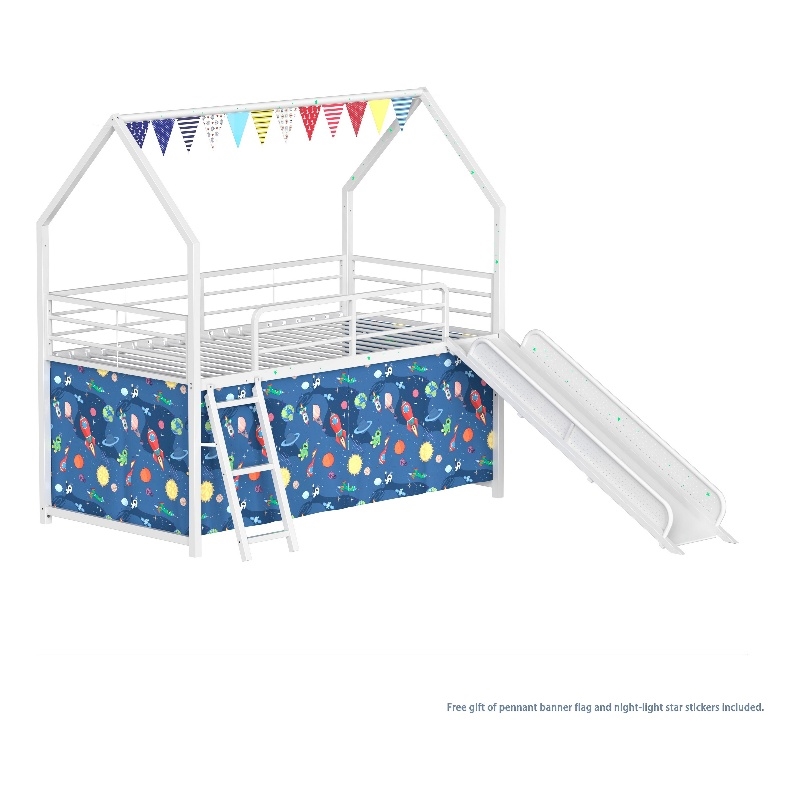 Zeso Kids Twin Loft Bed- House Design- Blue and White- Slide and Curtain