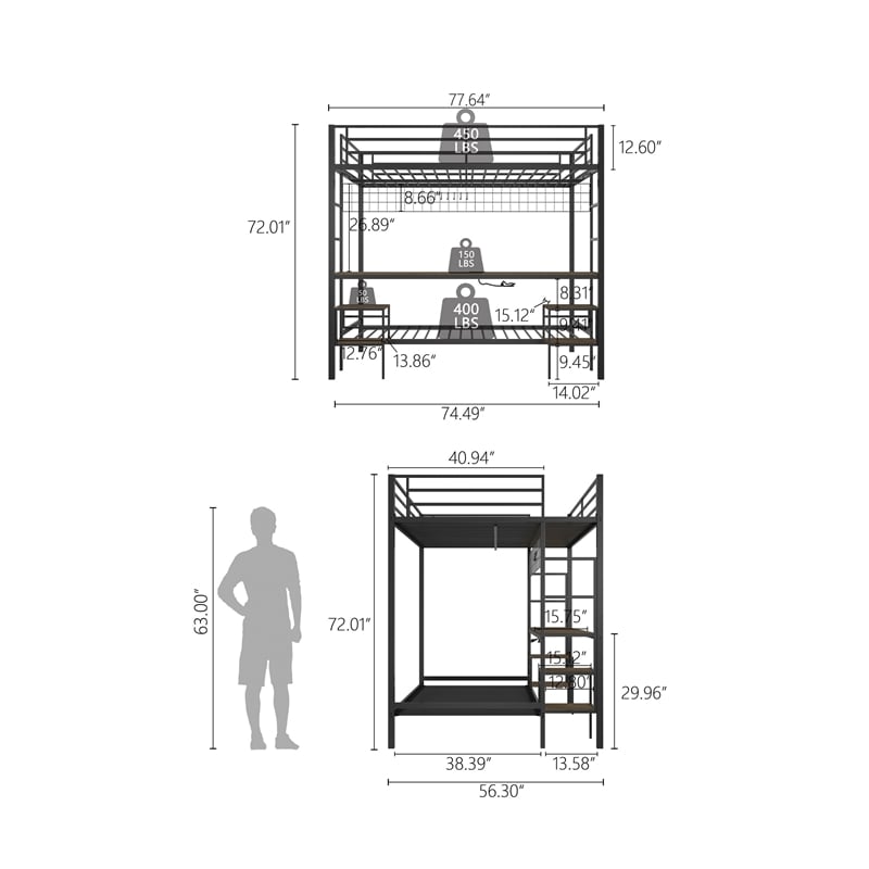 Eso Full Over Twin Bunk Bed- Desk- Storage Shelves- Black Metal