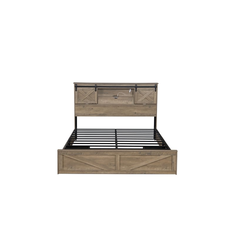 Amna Farmhouse King Bed- LED Storage and Charging Station- Gray Wood