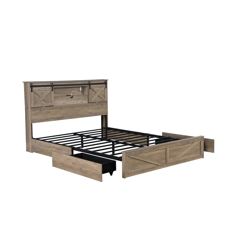 Amna Farmhouse King Bed- LED Storage and Charging Station- Gray Wood