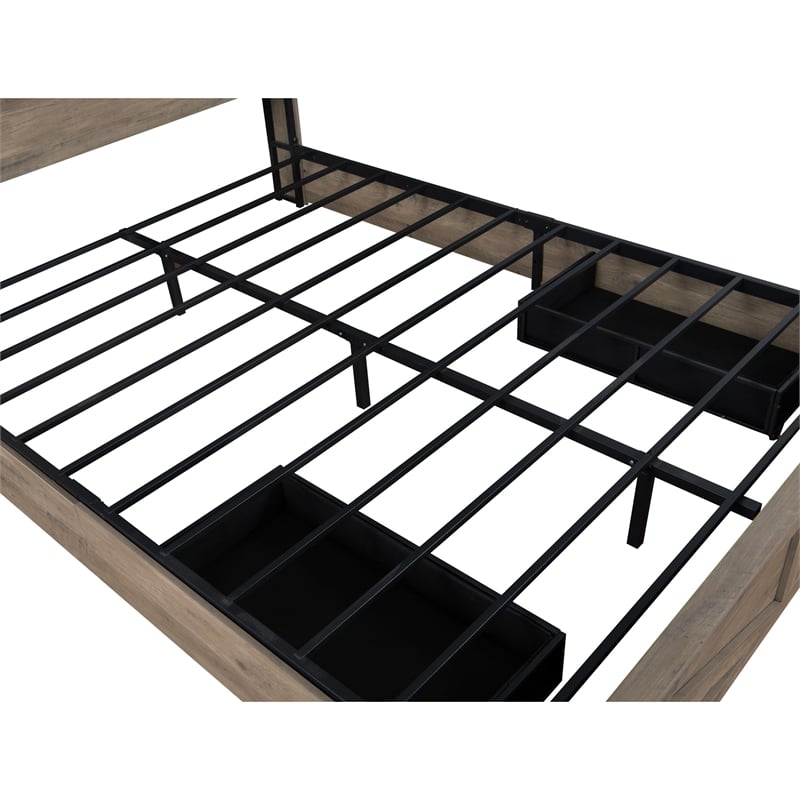 Amna Farmhouse King Bed- LED Storage and Charging Station- Gray Wood