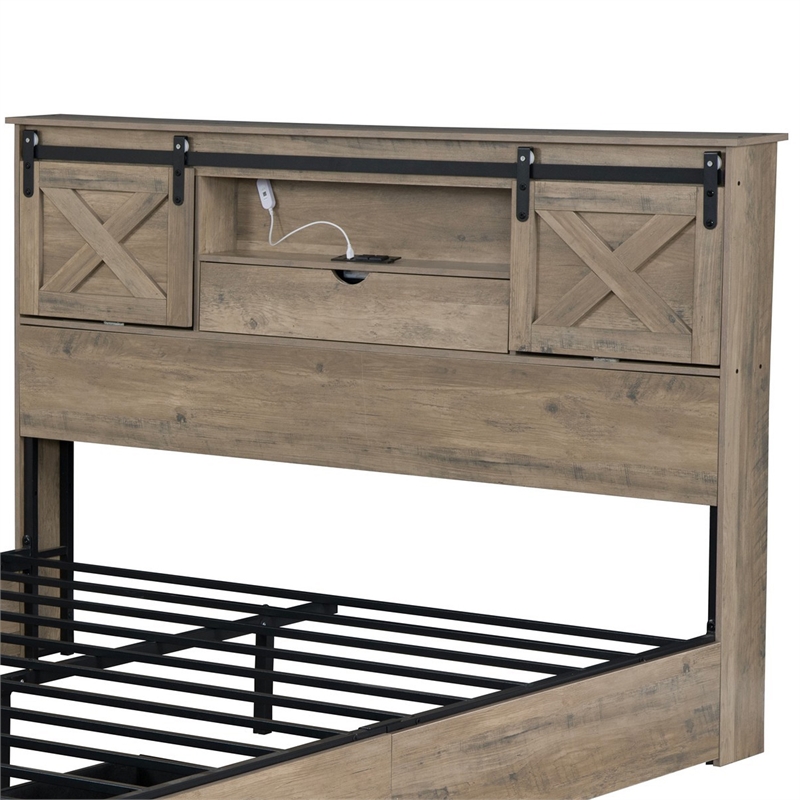 Amna Farmhouse King Bed- LED Storage and Charging Station- Gray Wood