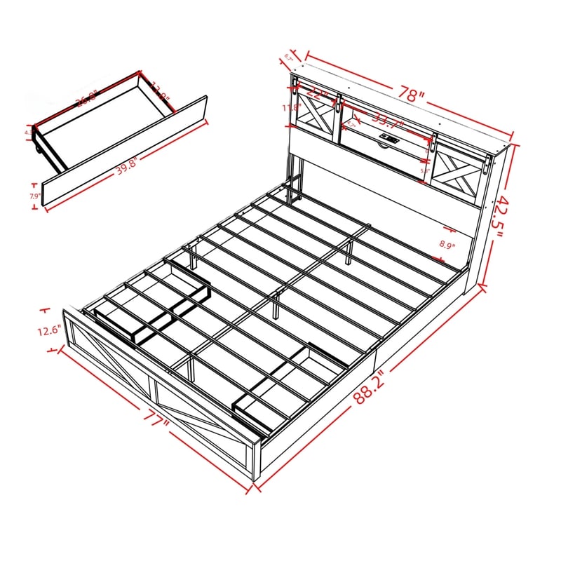 Amna Farmhouse King Bed- LED Storage and Charging Station- Gray Wood