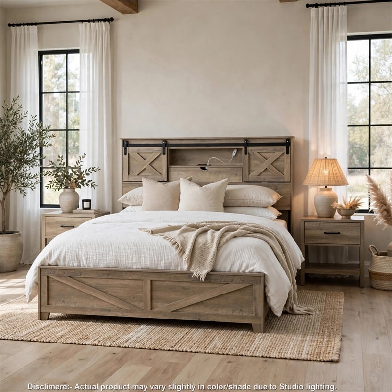 Amna Farmhouse King Bed- LED Storage and Charging Station- Gray Wood