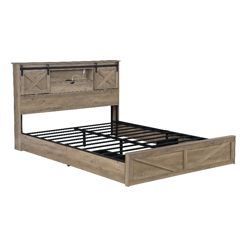Amna Farmhouse King Bed- LED Storage and Charging Station- Gray Wood