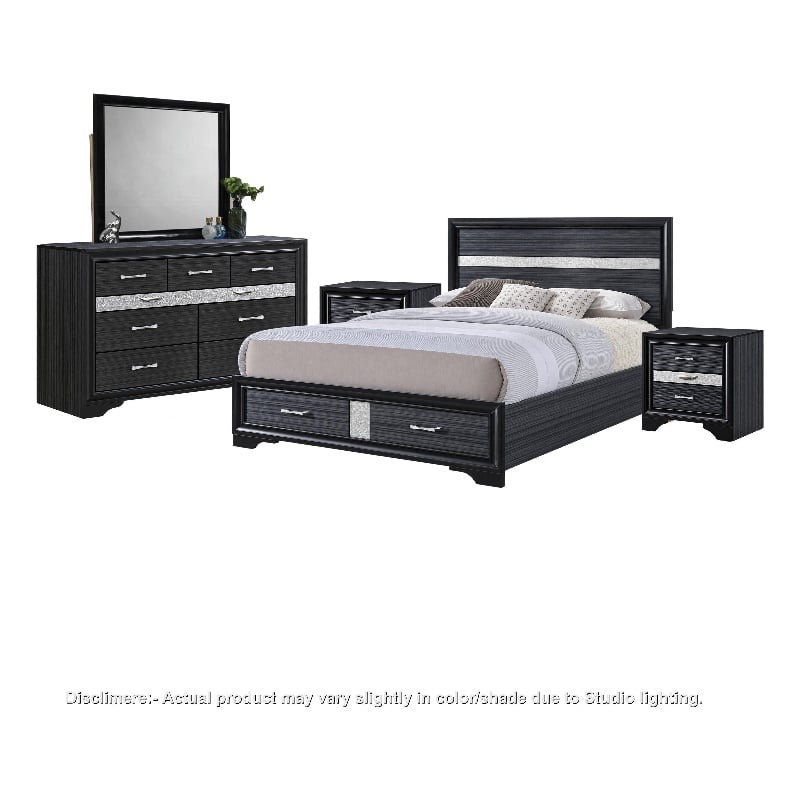 Queen Bedroom Set- Black Gray- 5pc w 2 Nightstands- Dresser- Mirror