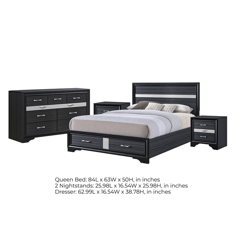 Queen Bedroom Set- Black Gray- 4pc w 2 Nightstands- Dresser