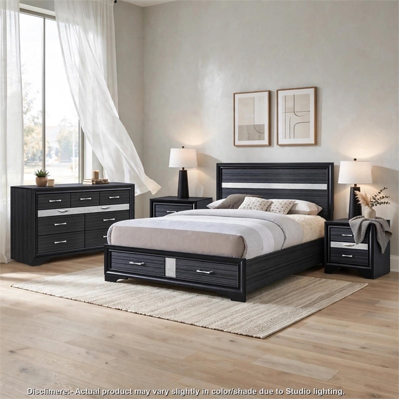 Queen Bedroom Set- Black Gray- 4pc w 2 Nightstands- Dresser