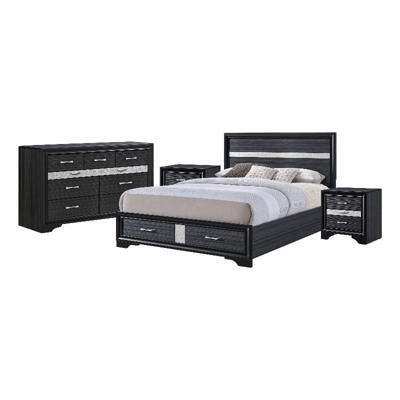 Queen Bedroom Set- Black Gray- 4pc w 2 Nightstands- Dresser