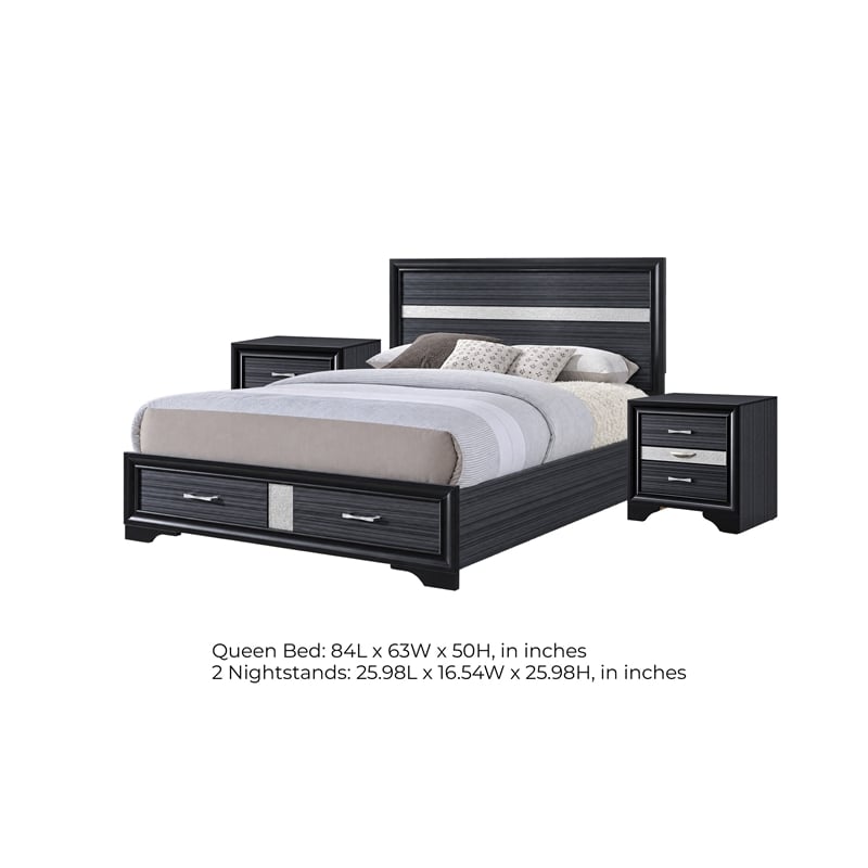 Queen Bedroom Set- Storage Panel Design- Black Gray- 3pc w 2 Nightstands