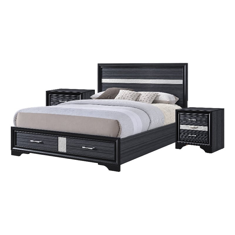Queen Bedroom Set- Storage Panel Design- Black Gray- 3pc w 2 Nightstands