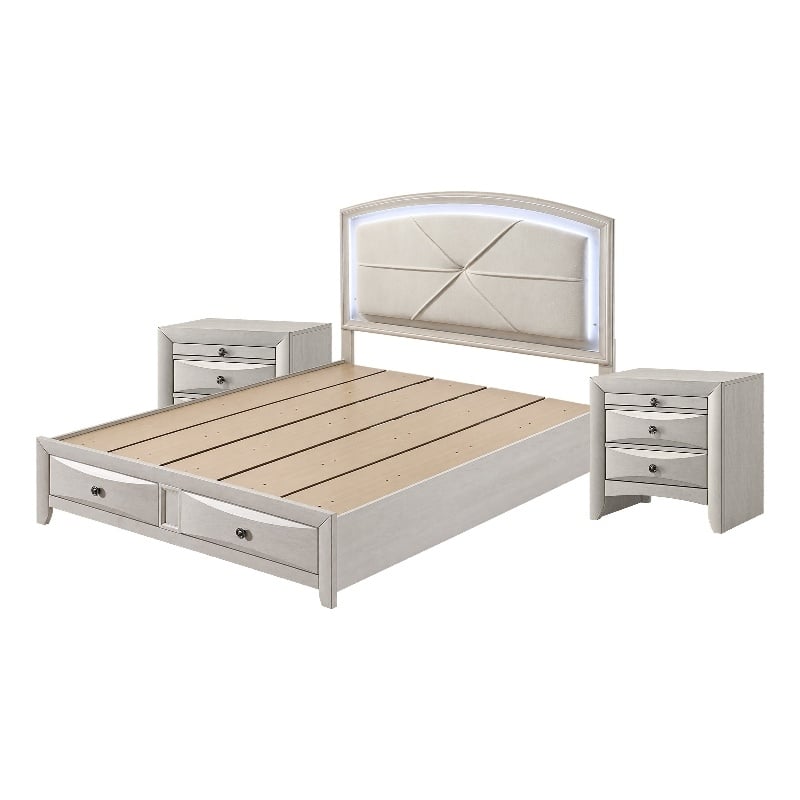 Queen Bedroom Set- Storage- Antique White Zinc- 3pc w 2 Nightstands