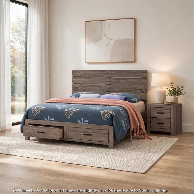 Queen Bedroom Set- Storage Design- Brown- 2 Piece Set with Nightstand