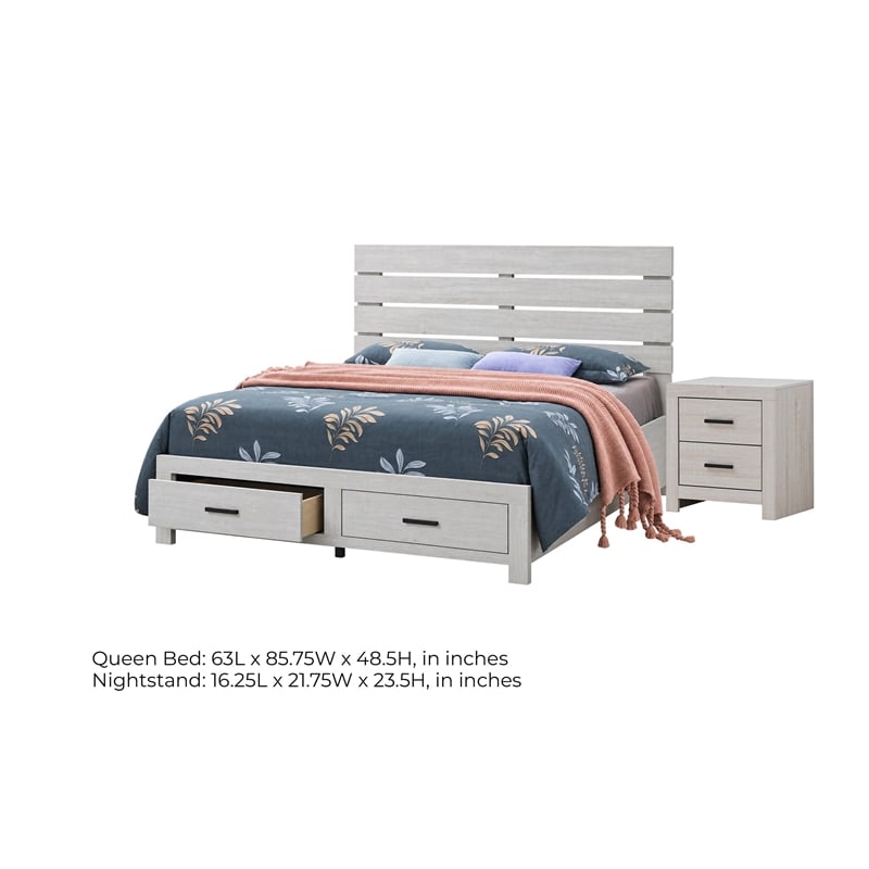 Queen Bedroom Set- Storage Design- White- 2 Piece Set with Nightstand