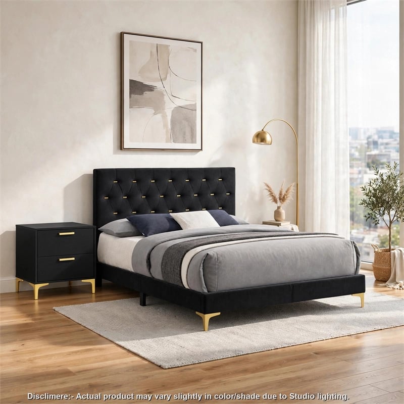 Queen Bedroom Set- Black and Gold- 2 Piece Set with Nightstand