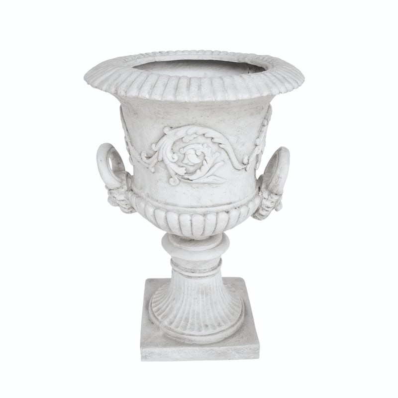 Kiti Urn Planter on Pedestal- Carved Antique White Concrete- 28 Inch