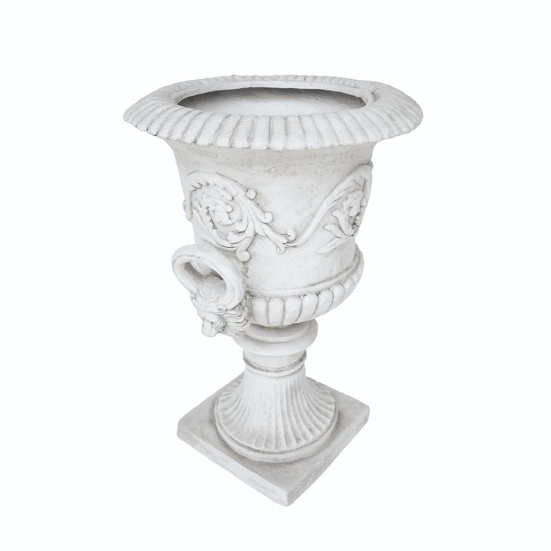 Kiti Urn Planter on Pedestal- Carved Antique White Concrete- 28 Inch