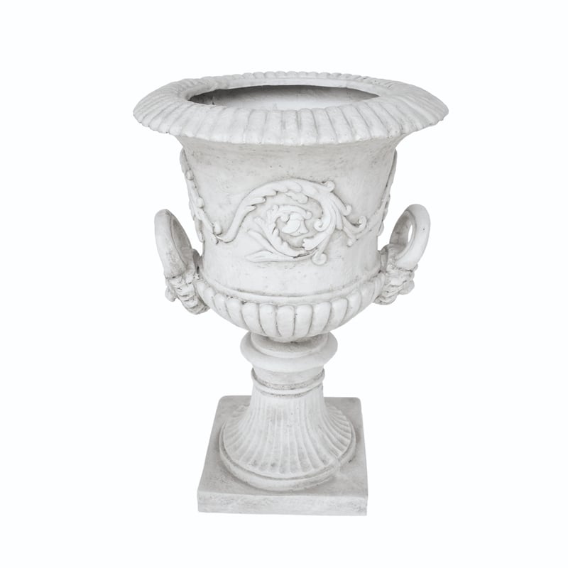 Kiti Urn Planter on Pedestal- Carved Antique White Concrete- 28 Inch