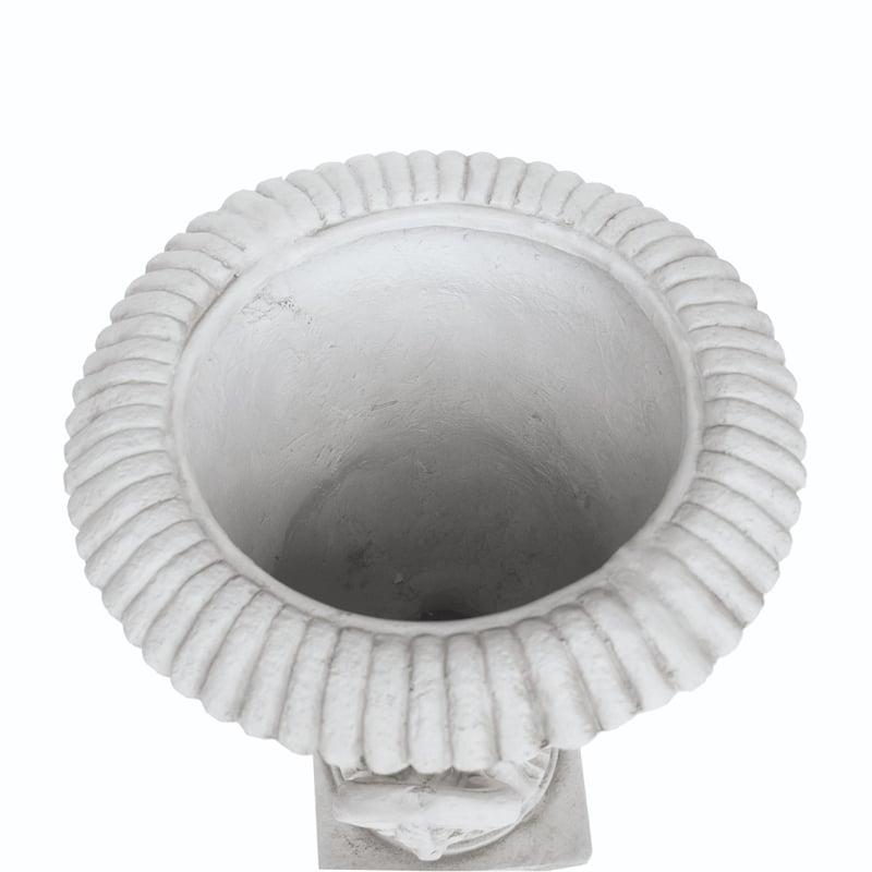 Kiti Urn Planter on Pedestal- Carved Antique White Concrete- 28 Inch