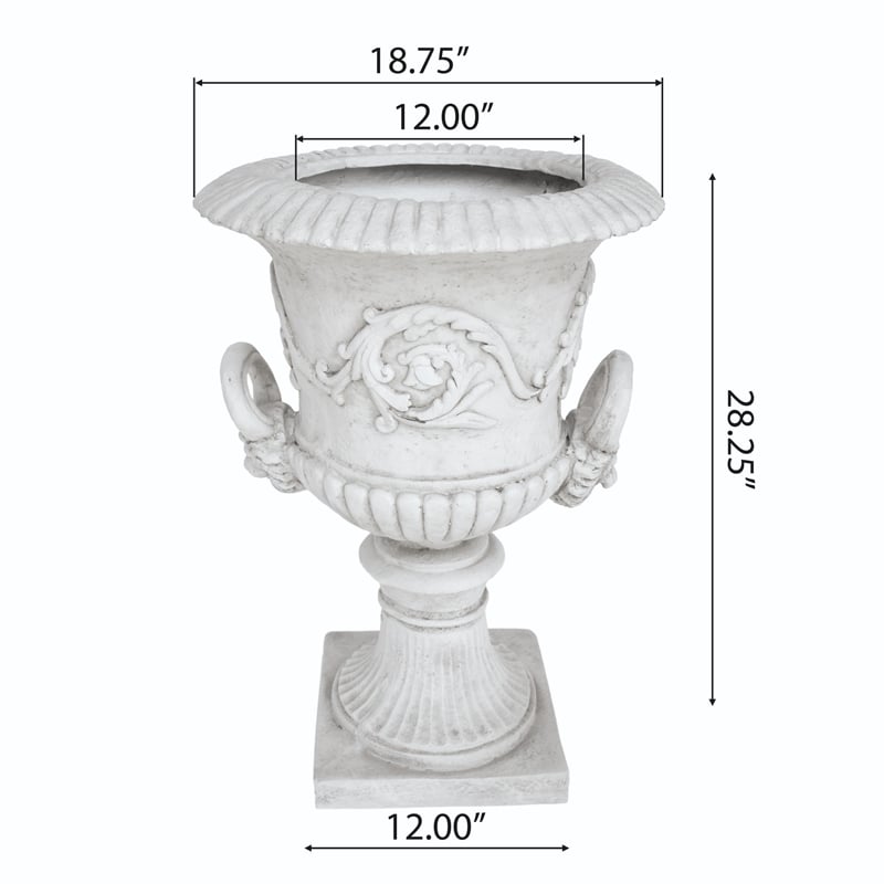Kiti Urn Planter on Pedestal- Carved Antique White Concrete- 28 Inch
