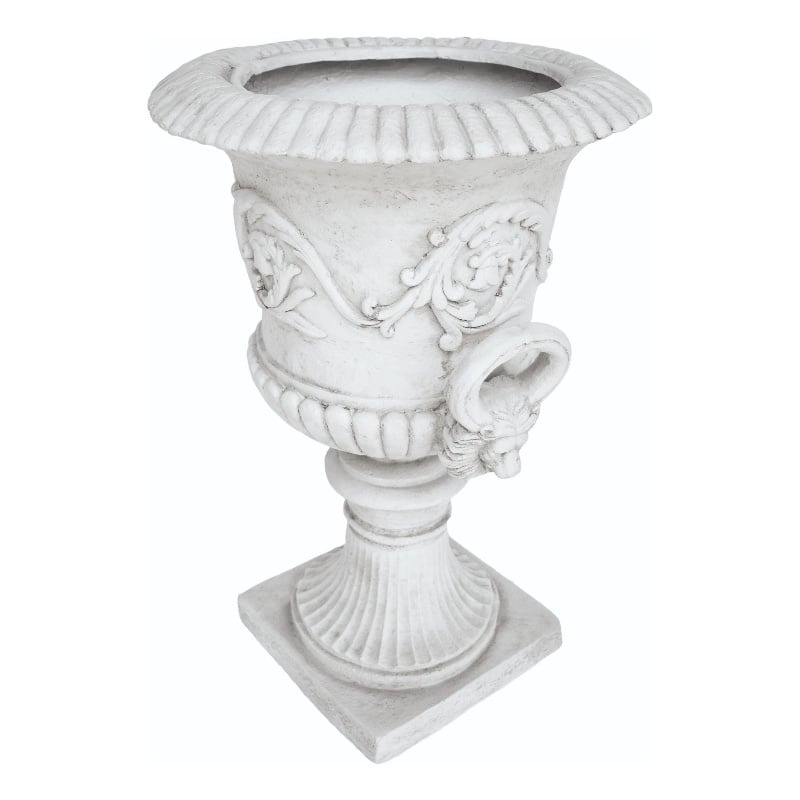 Kiti Urn Planter on Pedestal- Carved Antique White Concrete- 28 Inch