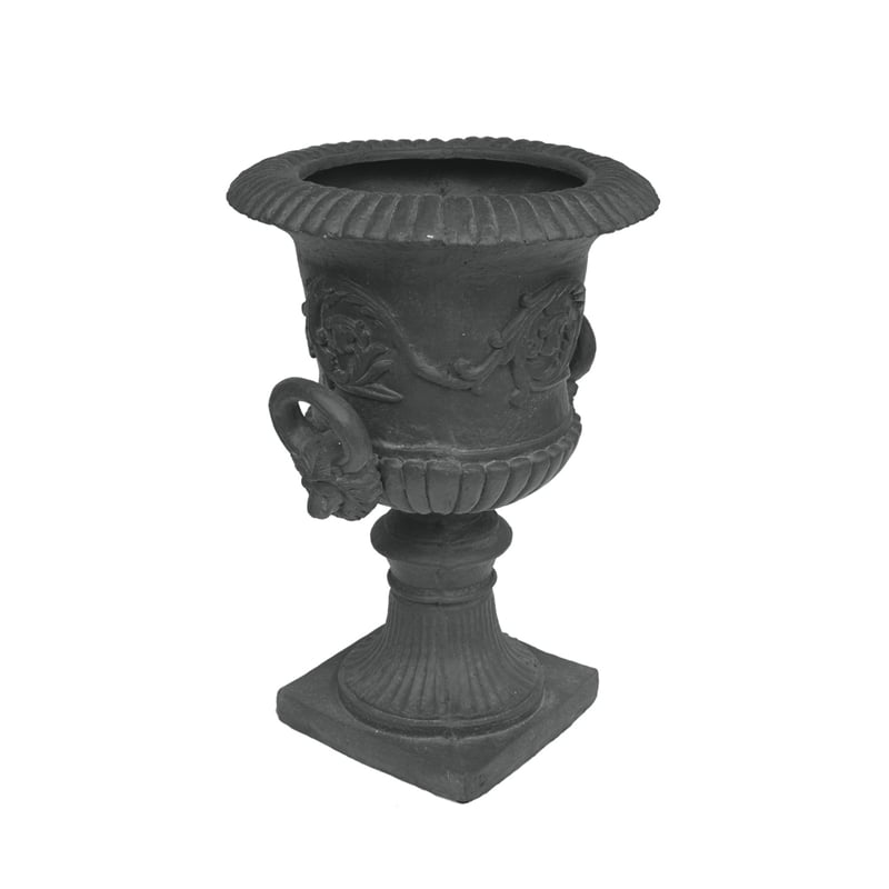 Kiti Urn Planter on Pedestal- Antique Gray Concrete w Carving- 28 Inch