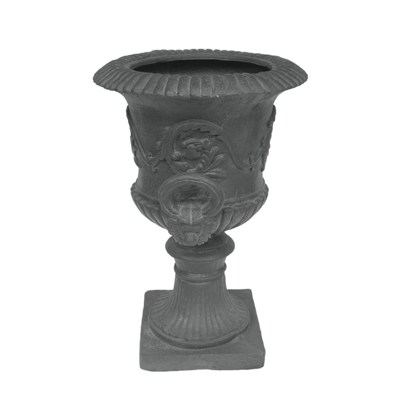 Kiti Urn Planter on Pedestal- Antique Gray Concrete w Carving- 28 Inch