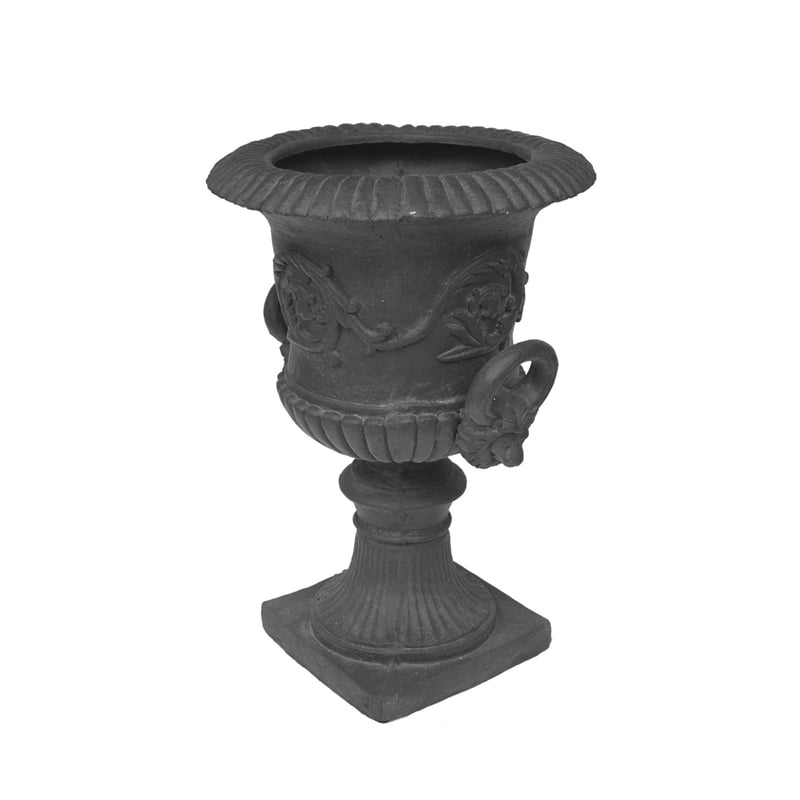 Kiti Urn Planter on Pedestal- Antique Gray Concrete w Carving- 28 Inch