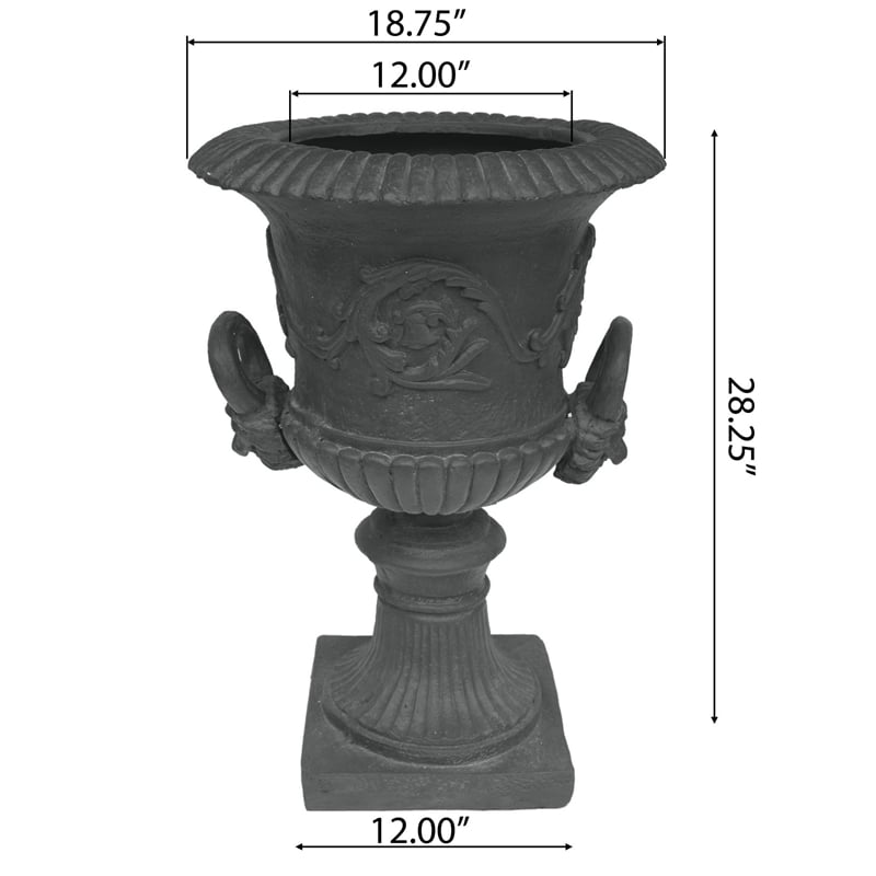Kiti Urn Planter on Pedestal- Antique Gray Concrete w Carving- 28 Inch
