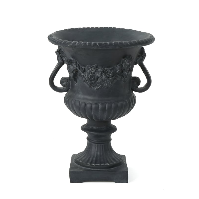 Urn Planter on Pedestal- Cherubs- Carved Antique Black Concrete 24 Inch