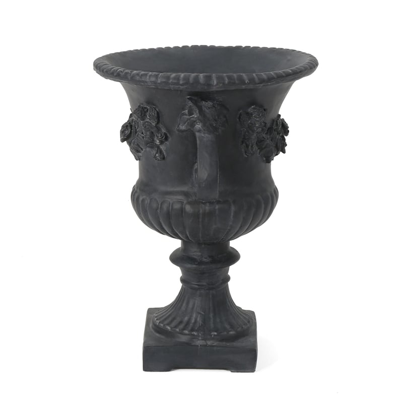 Urn Planter on Pedestal- Cherubs- Carved Antique Black Concrete 24 Inch