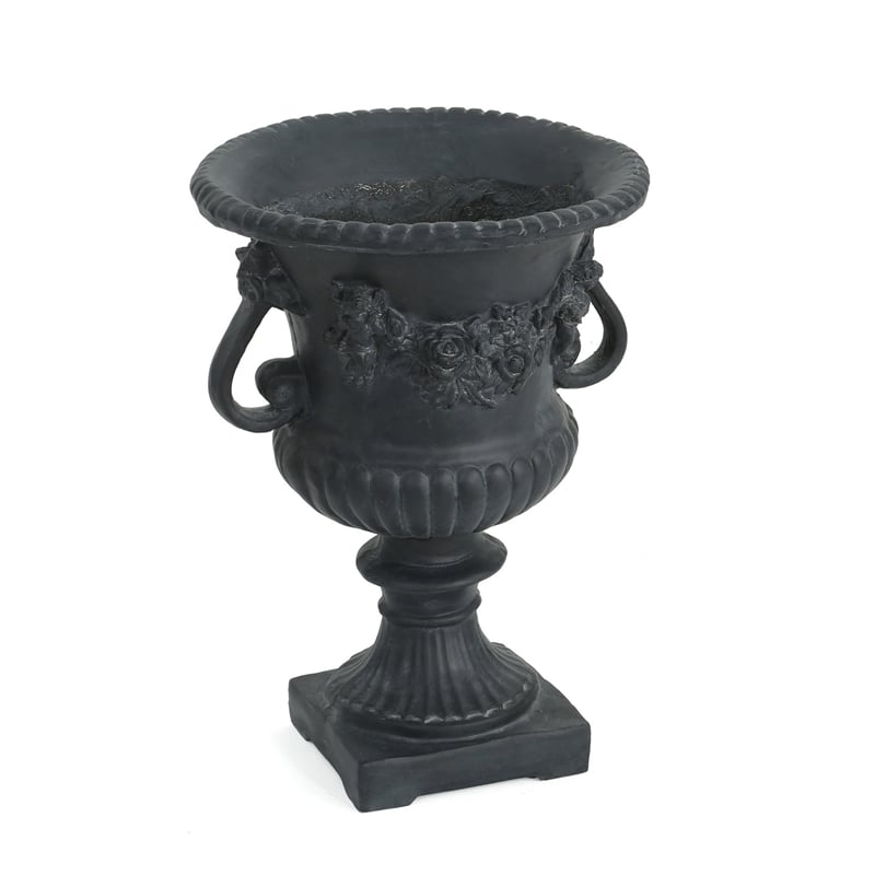 Urn Planter on Pedestal- Cherubs- Carved Antique Black Concrete 24 Inch