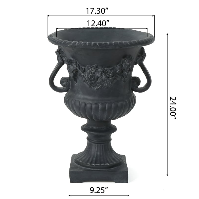 Urn Planter on Pedestal- Cherubs- Carved Antique Black Concrete 24 Inch